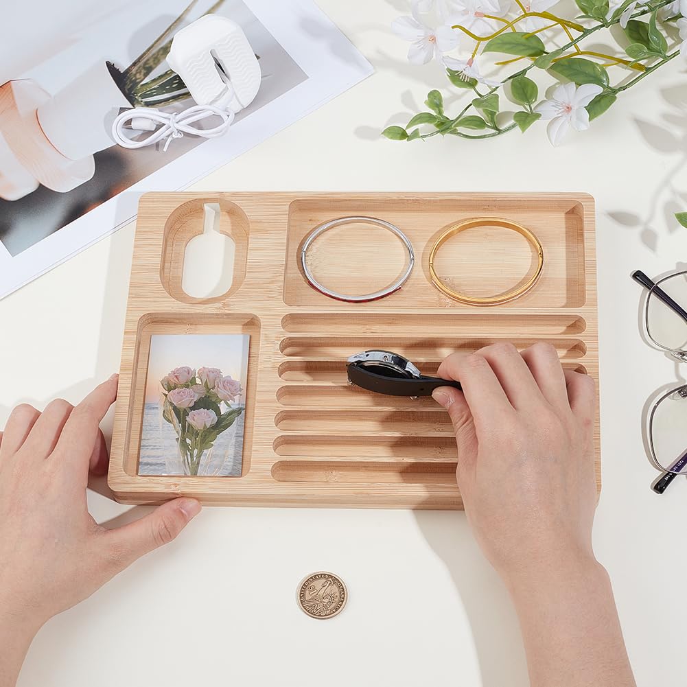 OLYCRAFT Organizador de correa de reloj de madera con pantalla de silicona, 19 x 26,5 x 2 cm, bandeja de pantalla grande con estación de carga, correas de reloj, relojes, bandeja de almacenamiento