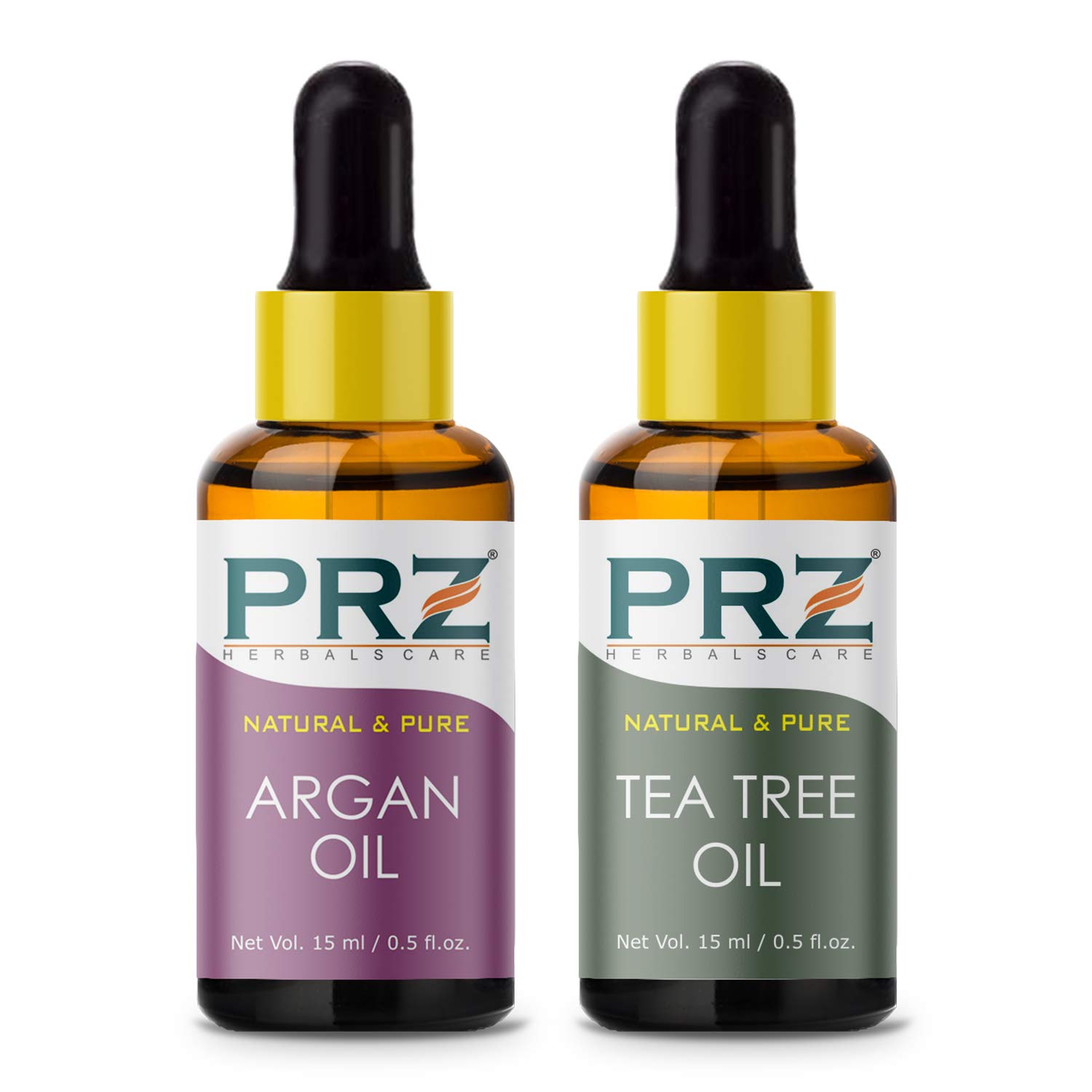 PRZ Combo of Argan Cold Pressed Carrier Oil and Tea Tree Essential Oil - Pure Natural & Therapeutic Grade Oil for Aromatherapy Body Massage, Skin Care & Hair Care, 15 ml