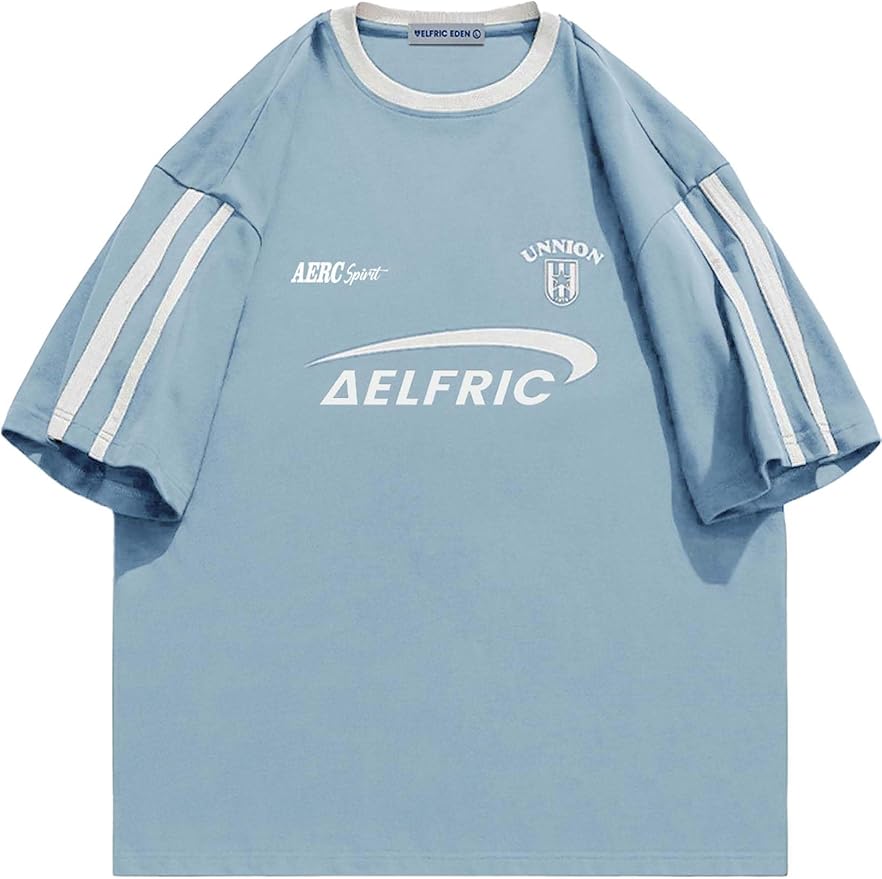 Aelfric Eden Graphic Tees Y2k Women Oversized T Shirts Striped Patchwork Crewneck Unisex Streetwear Tops