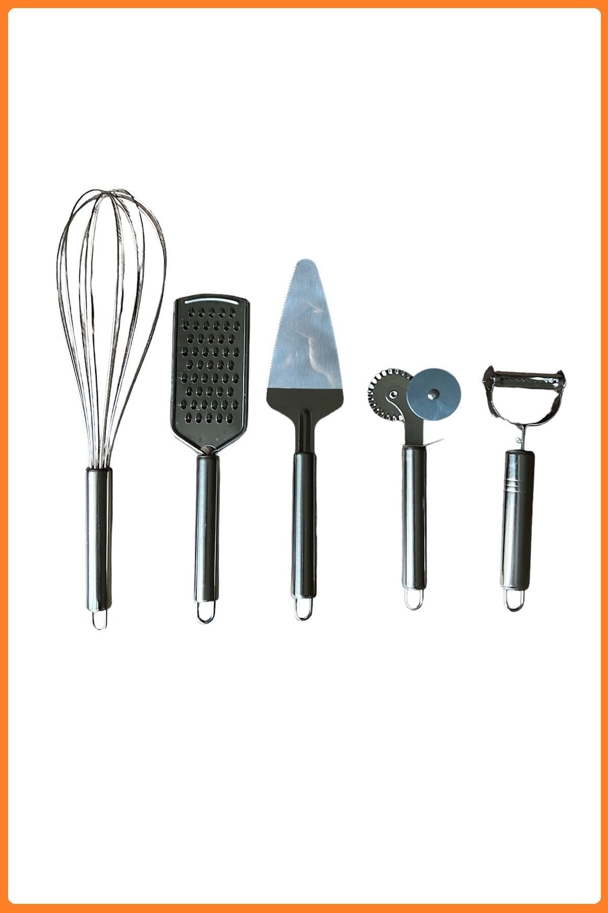 EZMK Ev Gereçleri Balsa Beşli Mutfak Seti, Çırpıcı, Spatula, Soyacak, Pizza Kesici, Rende, 5'li