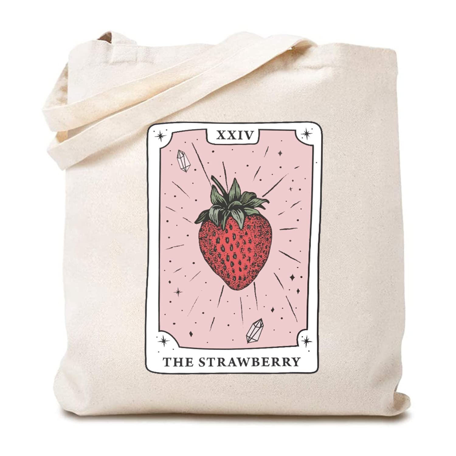 TSIIUO The Strawberry Tarot Card Canvas Tote Bag for Women Funny Strawberry Lover Gift Reusable Shopping Shoulder Bag