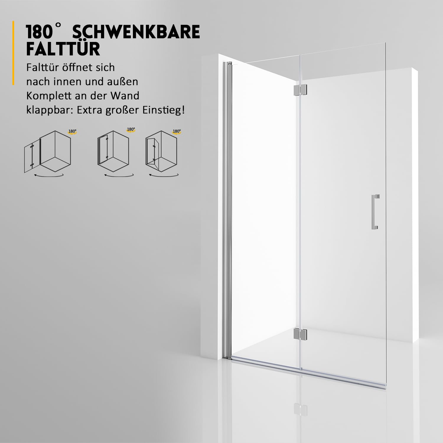Walk in Duschwand 90 x 195 cm Falttür Duschabtrennung, Walk-in Faltbar Glas Duschtür Dusche 6mm ESG Sicherheitsglas Easy Clean beschichtung, Faltbare Duschwand Tür Drehfalttür Höhe 195cm