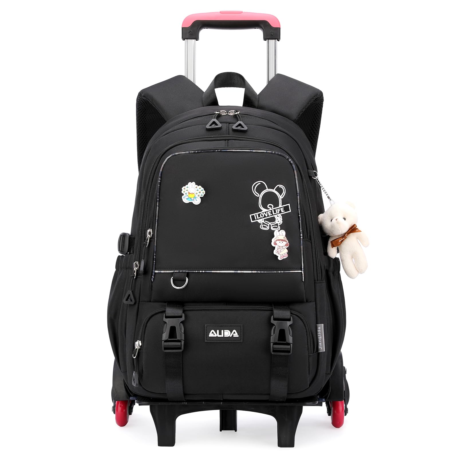 Amythe Zaino con Rotelle per Ragazza, 6 Ruote, con Ciondolo, Nero | 2 in 1 Zaino Trolley Scuola Elementare Media per Bambina Adolescenti da 9 a 18 anni, Carrello Removibile, Ritorno / Viaggi