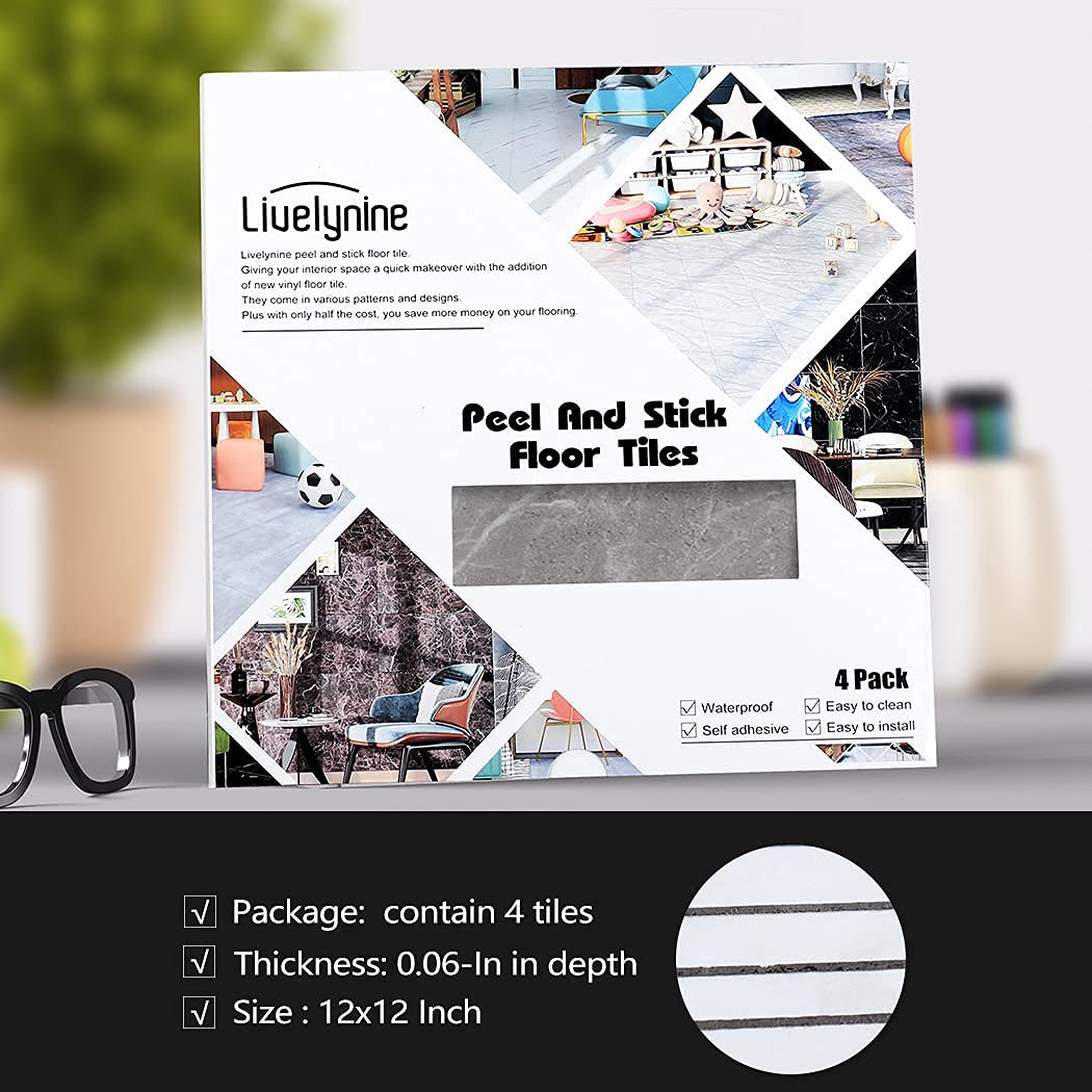 Livelynine Pavimento PVC Adesivo Bagno Piastrelle Adesive Pavimento 30x30 Mattonelle Pavimento Interno Pavimento Adesivo Marmo Grigio Linoleum Pavimento Moderne per Cucina Stanza Camera, 4 Piastrelle