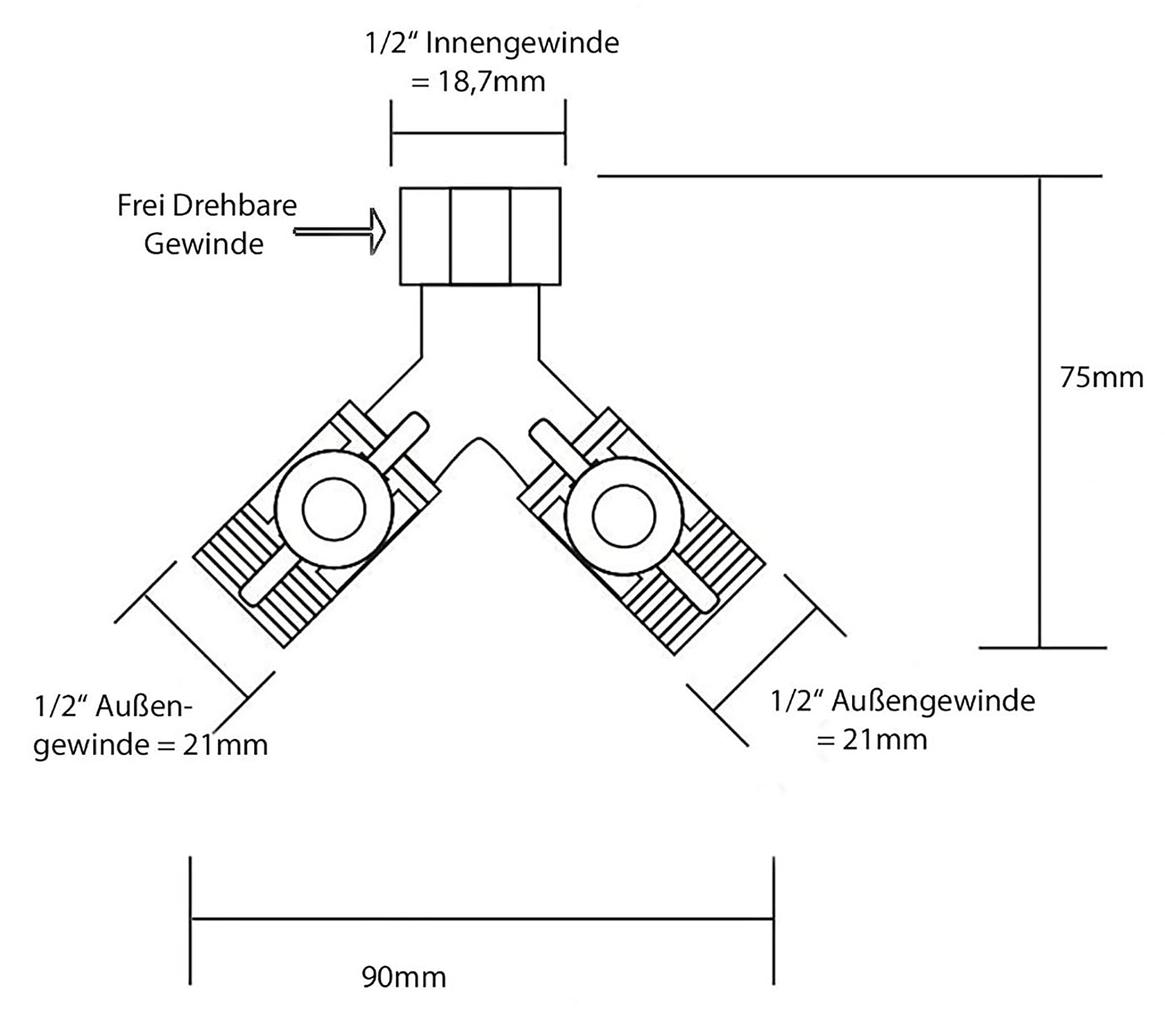 Distributore Y a 2 vie senza valvole a sfera di intercettazione, per il collegamento di 2 dispositivi/connettori con 1/2 pollici AG