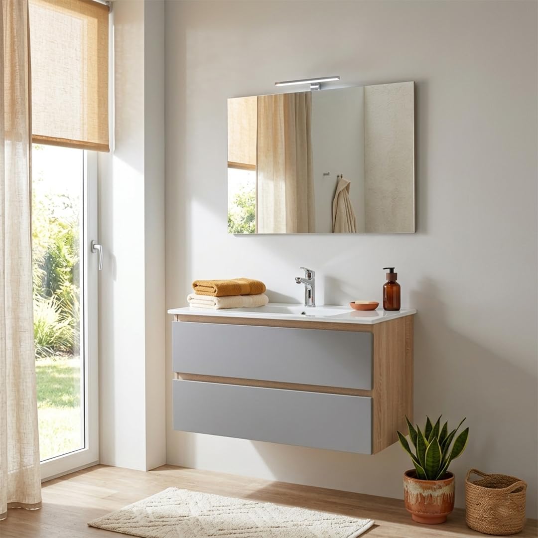Kiamami Valentina Mobile Bagno Sospeso 90 Cm 2 Cassetti Rovere Well Grigio