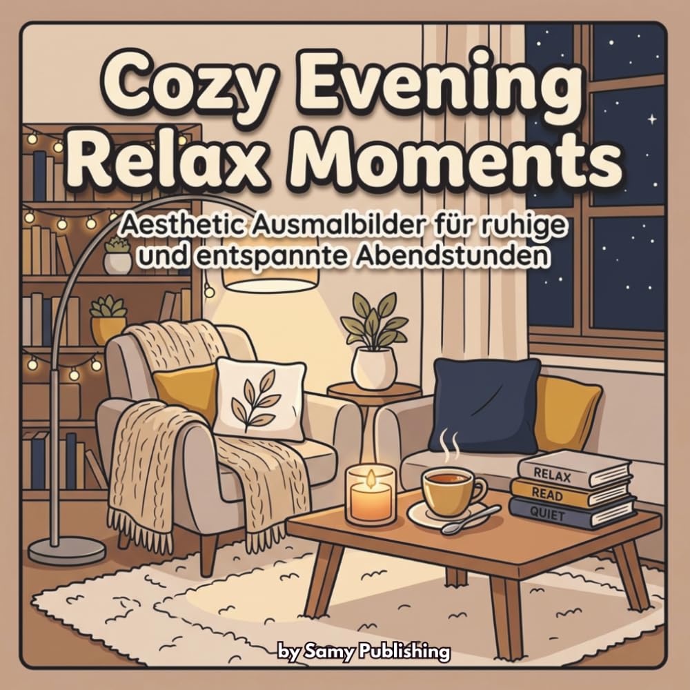 Cozy Evening Relax Moments – Aesthetic Ausmalbilder für ruhige und entspannte Abendstunden: 40 detailreiche Motive mit Kerzenlicht, Büchern, Tee und gemütlichen Abendmomenten