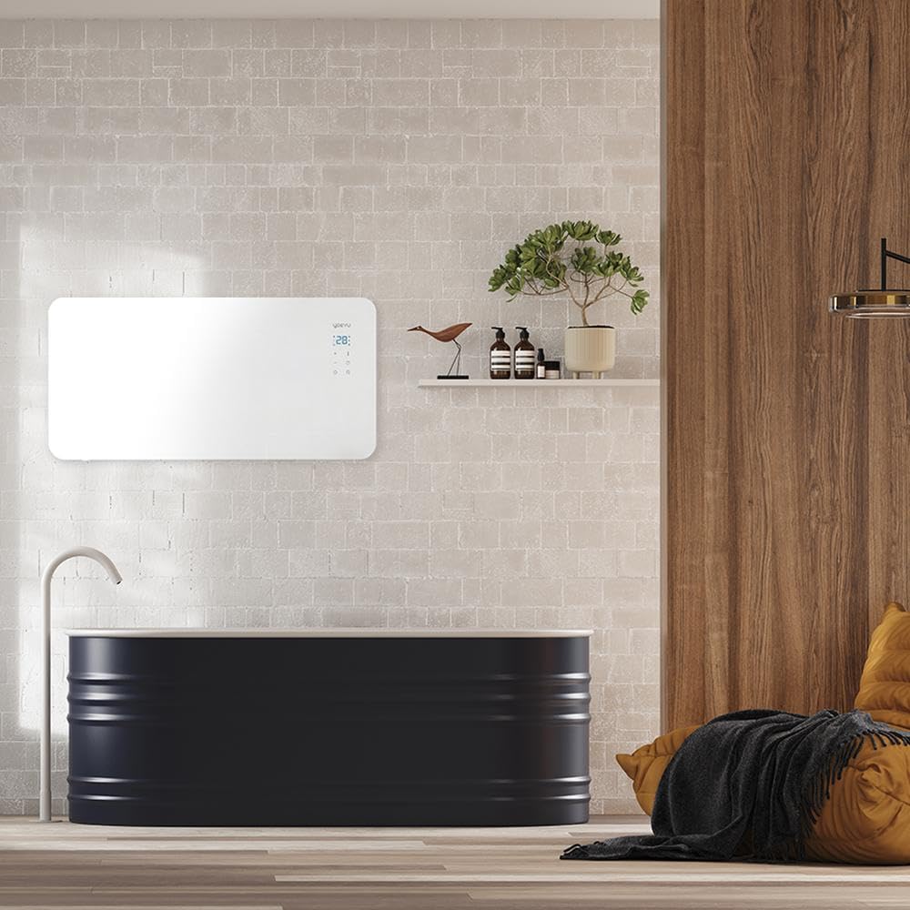 YOEVU | Radiador eléctrico bajo consumo 1500W | Programable con control móvil y WIFI | Termostato regulable | Soporte con ruedas | IP24 | Protección sobrecalentamiento | Blanco