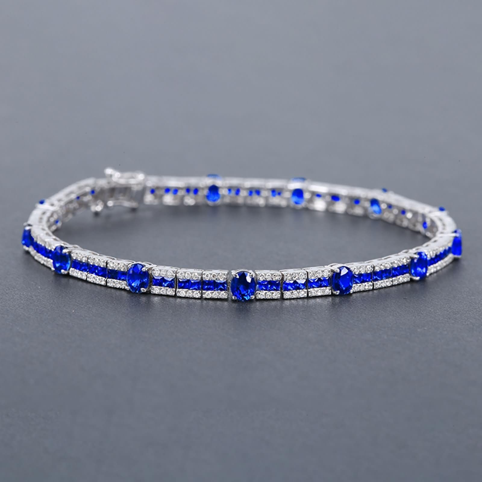 Pulsera Mujer Oro Blanco 9K / 14K / 18K, Oval con Zafiro Creado de 5,91 ct y Diamante, Cadena 16 CM, Pulseras de Mujer de Plata Azul