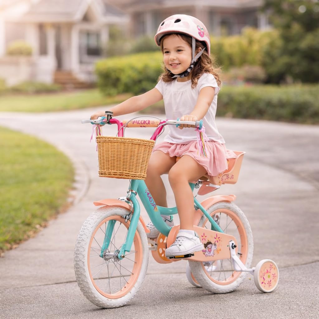 ATAA Bicicleta Infantil Kitty 12 y 16 Pulgadas con Ruedines Desmontables Cesta y Serpentinas Bicicleta para Niñas con Frenos Reflectores y Cuadro de Acero