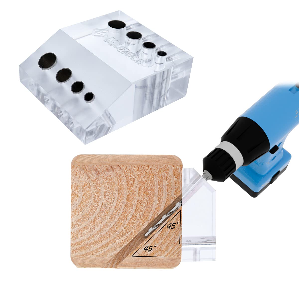 Muzata 45 90 Degree Cable Railing Angle Drill Guide Jig Visible Drilling Template 4 Sizes for Horizontal and Angled Hole for Wood Post Lag Screw Cable Railing Kit Tool CT10