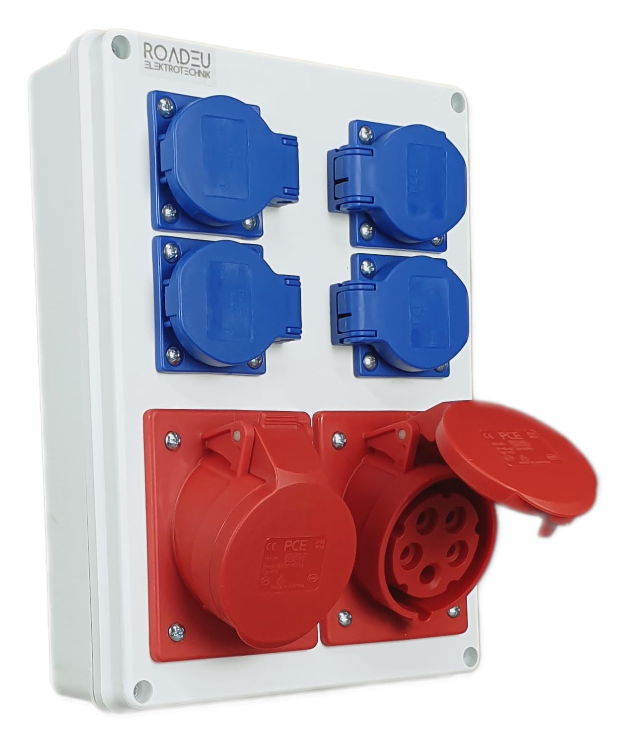 RoadEu - Distributore di corrente di costruzione – 2 x CEE 16A con 4x Schuko 230V – Quadro Elettrico IP44. Perfetto per il garage, il capanno, il giardino o la fabbrica.