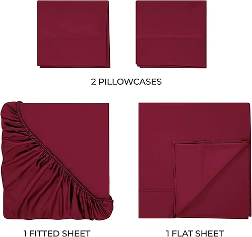 Miniatura 3 de Superior Juego de sábanas de 300 hilos, 100 % de sólido modal, Algodón, Burgundy, King