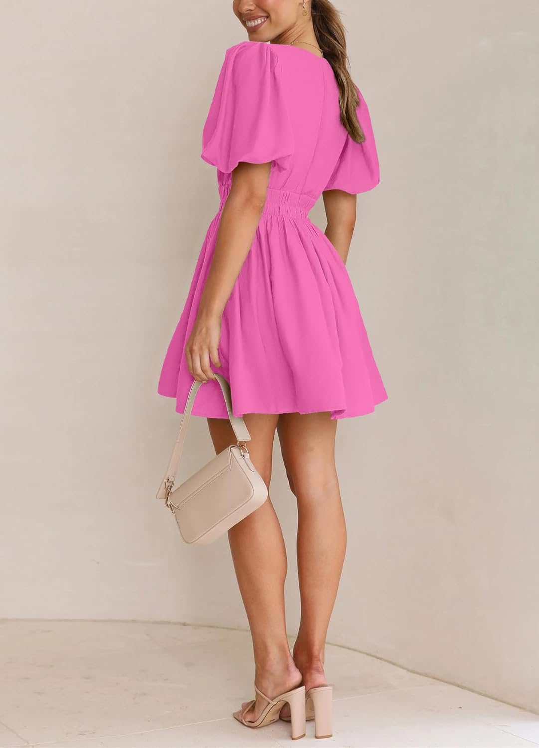 BWQ Women Mini Dress Short Puff Sleeve Sexy V Neck Dress A-line Elastic High Waisted Casual Flowy Summer Dresses - Image 4