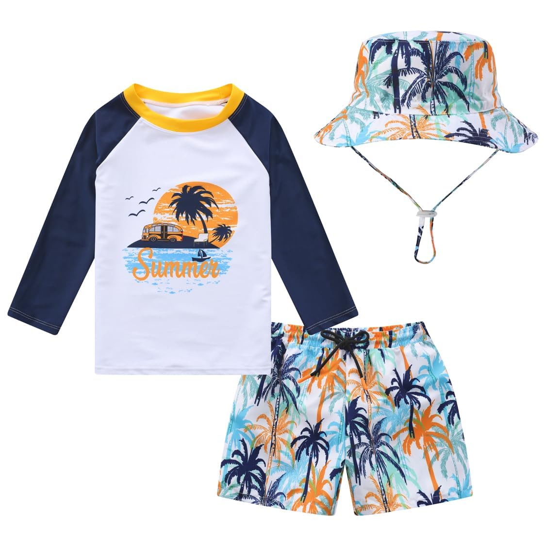 FishingDino UV Kleidung Kinder Gr.74-110, Jungen Schwimmset 3-teiliger mit Langarm Schwimmshirt & Badeshorts UV Schutzkleidung Baby inkl. Sonnenhut