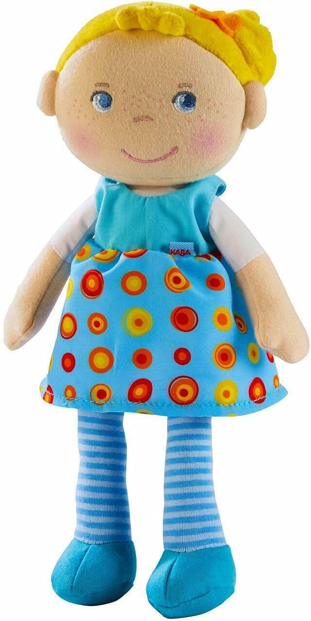 HABA Snug Up Edda - 10" Soft Doll with Fuzzy Blonde Hair, Embroidered Face and Removable Blue Dress (Machine Washable) for Ages 18 Months +