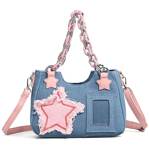 Crossbody Bag Y2K Purse for Women Girls, Small Denim Tote Bag Handbag Cute Kawaii Clear Ita Bag with Zipper (A-Light Blue)