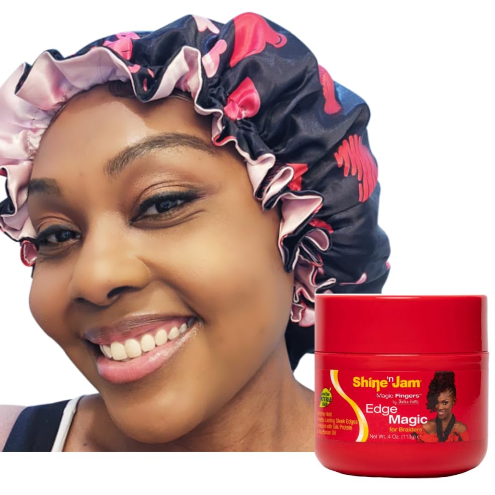 Gorro de satén con AMPRO Shine N Jam Magic Fingers Control de bordes para trenzadores de sujeción extrema de 4 onzas (corazones)
