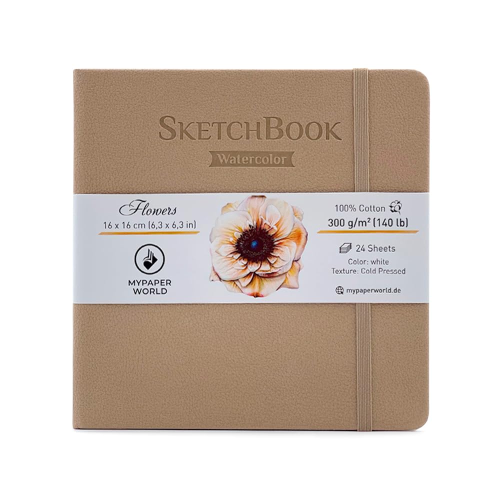 Mypaperworld Szkicownik akwarelowy 300 g/m², 100% bawełna, 16 x 16 cm, bezkwasowy, 24 arkusze, 48 stron, tłoczony na zimno (beżowy)