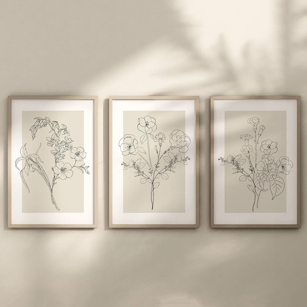 WUHBCZ Art Pictures-Boho Botanical Flower Line Beige Abstract Posters Wall Art Canvas Painting Floral Print Pictures Neutral for Living Kitchen Room Home Decor-50 * 70cm/3PCS (No Frame)