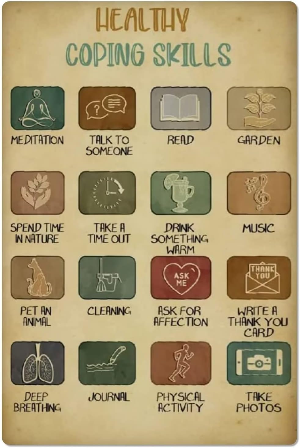 Sitrmgh Men's Poster-Style492 Healthy Coping Skills Metal Tin Signs Tal Health Guide Posters Psychology Education Retro Plaques Home Club Classroom Wall Decor 8X12 Inch
