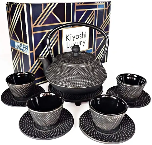 Large 11PC Japanese Tea Set Gashu Black Cast Iron Teapot 26Oz with Cups - Matcha 26