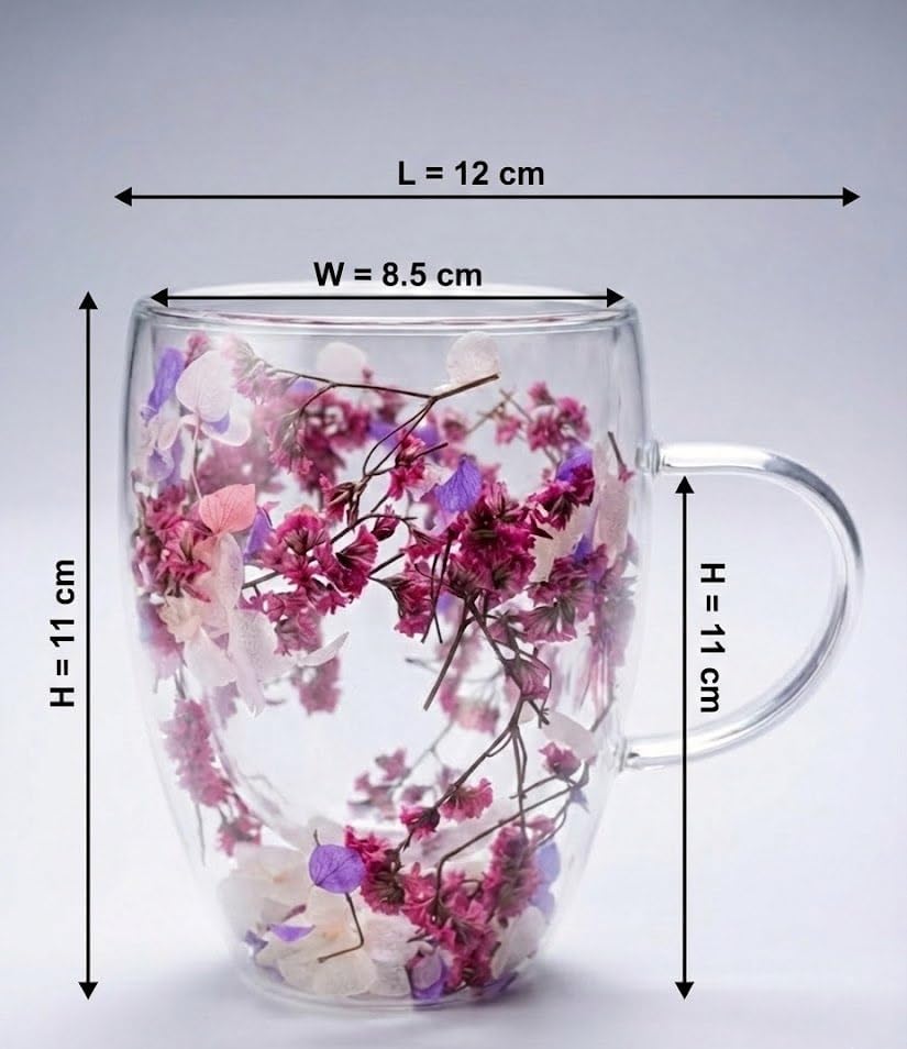 Image of Double Wall Glass Coffee Mug 350ml | Floral Tea Cup for Juice Coffee | Premium Gift for Birthday, House Warming, Secret Santa, Christmas | Double Walled Glass Espresso Cup.