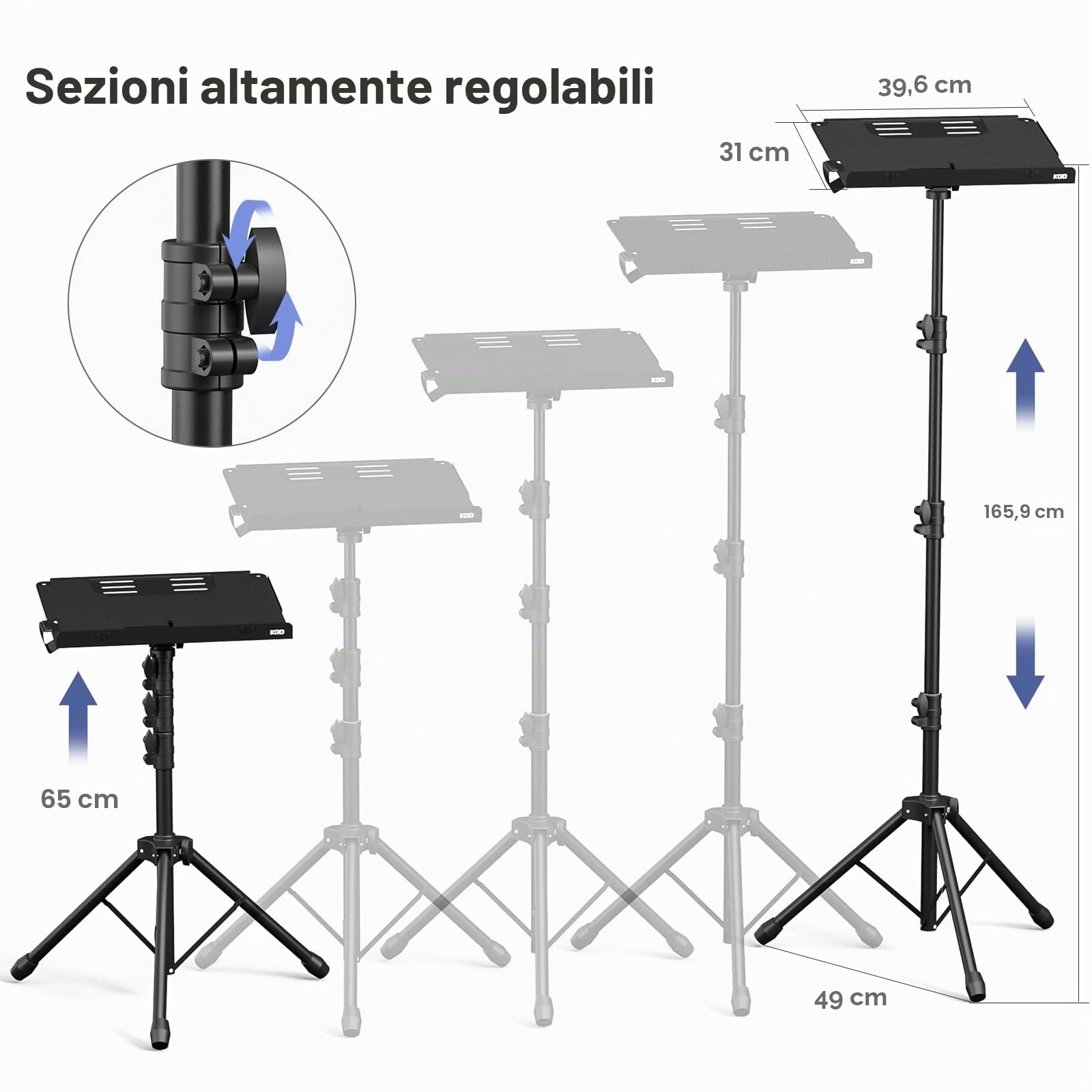KDD Supporto Treppiede per Proiettore - 4 in 1 Leggio musicale con Braccio a Molla Supporto da Pavimento Pieghevole per Laptop con Leva Scorrevole - Altezza Regolabile da 23" a 63" e Rotazione di 180°