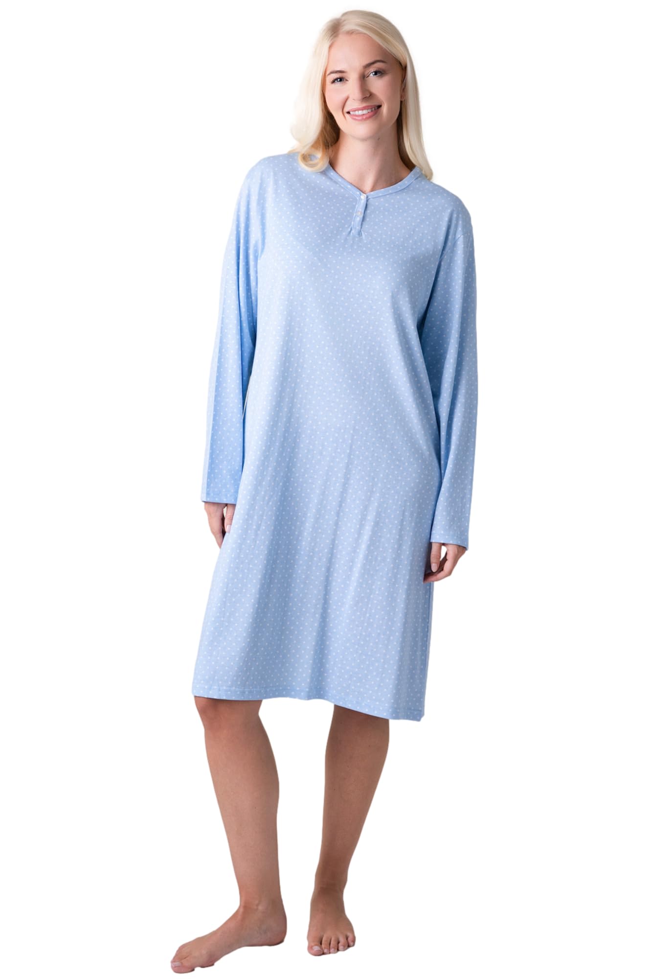 Camille Women's Blue Dot Organic Cotton Nightie - Knee Length Cotton Nightdress | Relaxed Fit Traditional Nighty With Long Sleeves | Flattering Shape Nightwear - 22-24