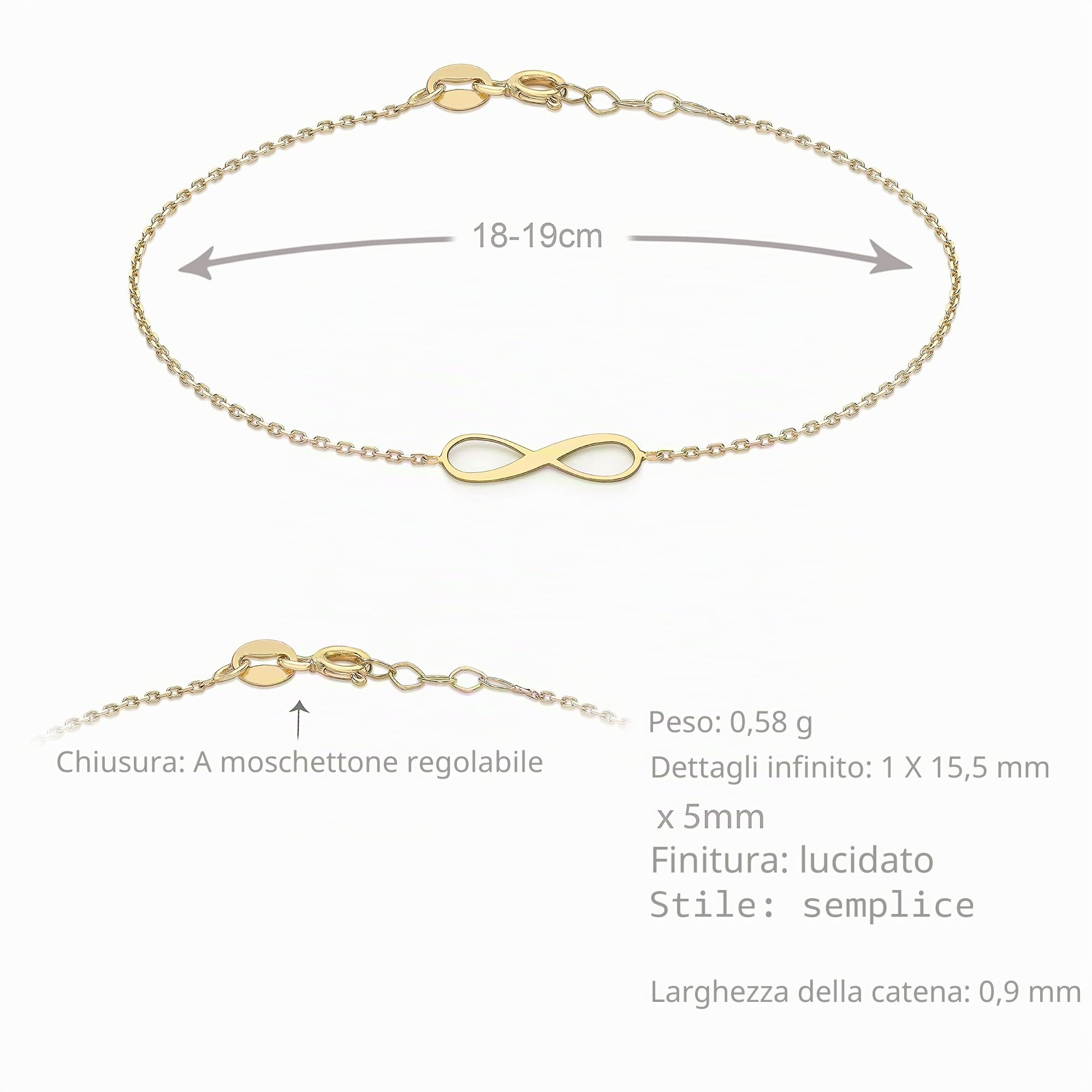 CARISSIMA Bracciale da donna in oro giallo 9 ct con simbolo infinito da 15,5 x 4,8 mm e catena regolabile, 18–19 cm