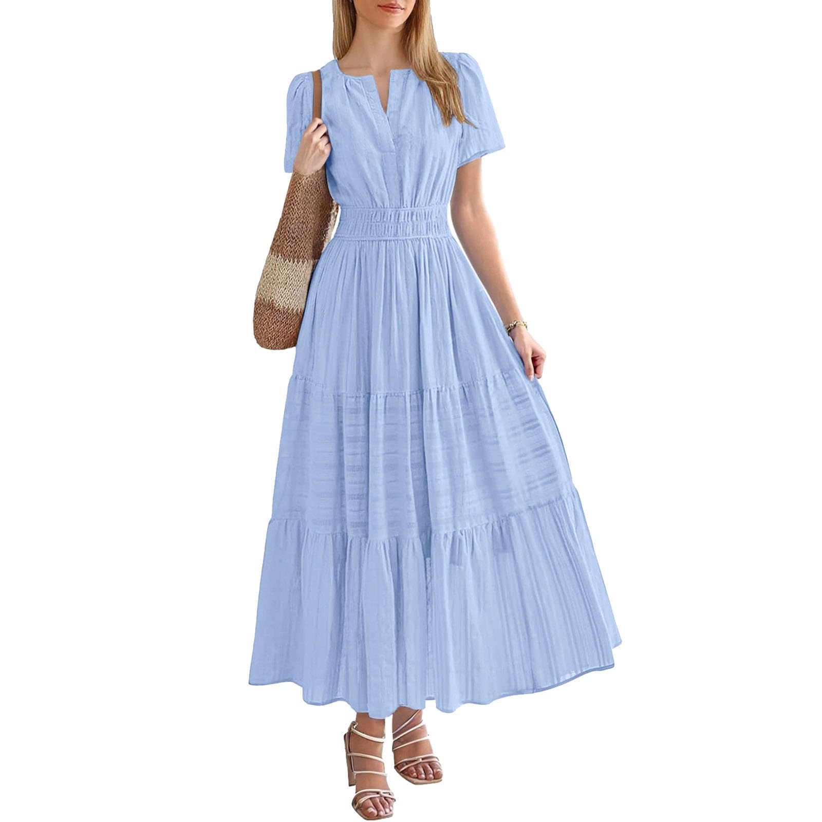 2026 Abito da donna casual abiti midi leggeri manica corta scollo a v elastico boho borse abito da spiaggia generico