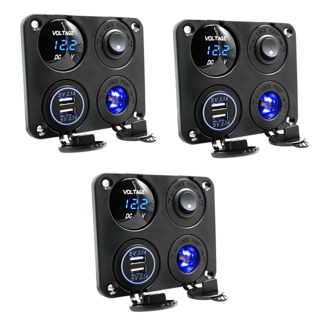 Housoutil 3 Pezzi 4 in 1 Pannello Caricabatteria per Auto E Barca 4 in 1 2.1a Doppio Usb Led Voltmetro Presa di Corrente Voltmetro Usb 12- V