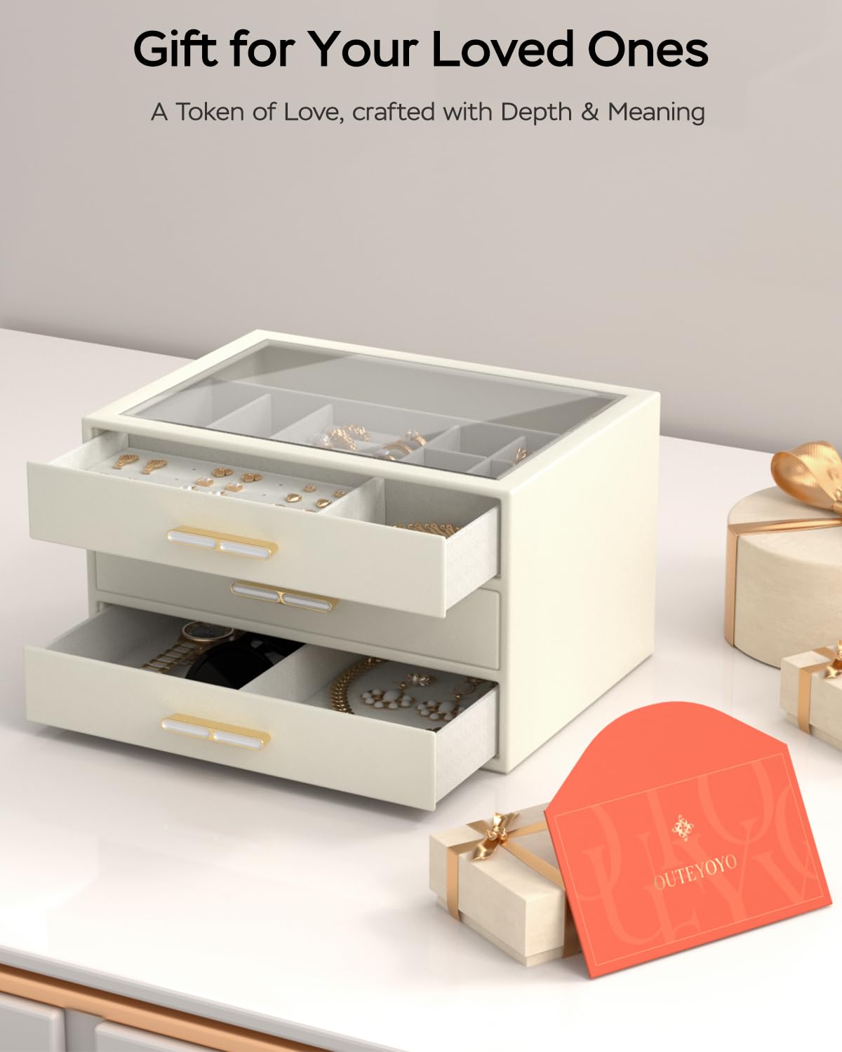 Joyero para mujer, organizador de joyas de 3 capas con tapa transparente, cajas de joyería grandes para collares, anillos, aretes, pulseras, regalo para niñas y madres, color blanco nube