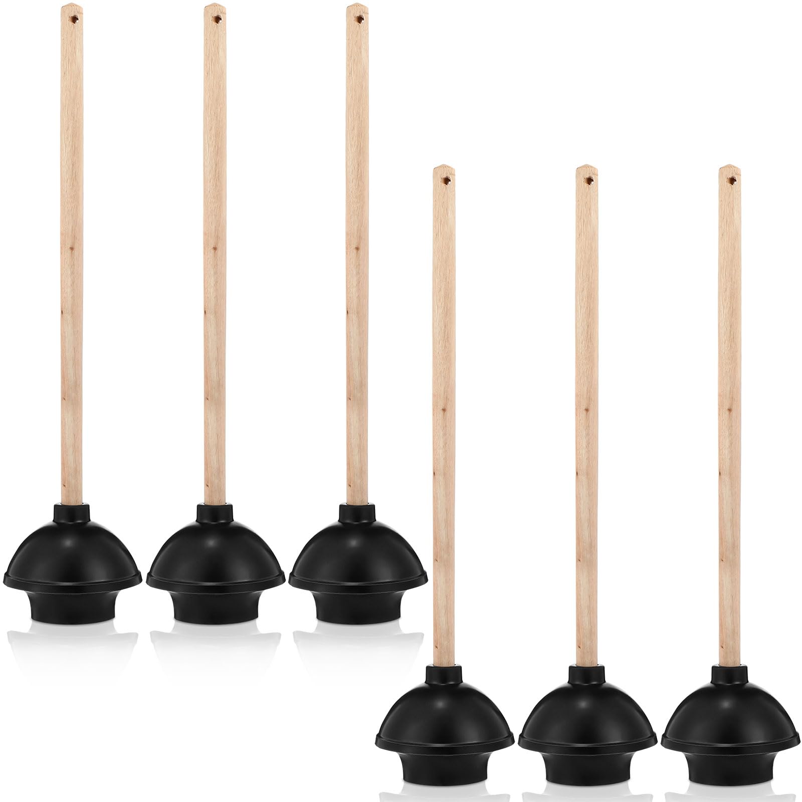 Dandat 6 Pcs Rubber Toilet Plunger with Double Thrust Force Suction Cup Long Wooden Handle Toilet Bowl Plunger Heavy Duty Pump Clogged Solution for Bathroom Stores Restaurants, Black