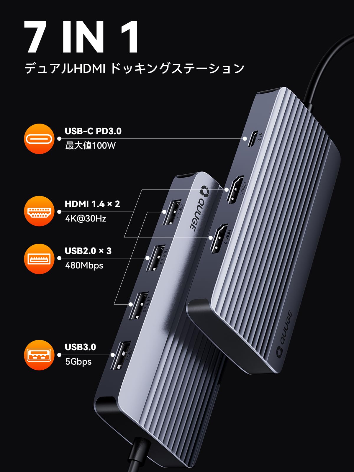 QUUGE 7-in-1 USB Type-C ハブ ドッキングステーション HDMI 2ポート
