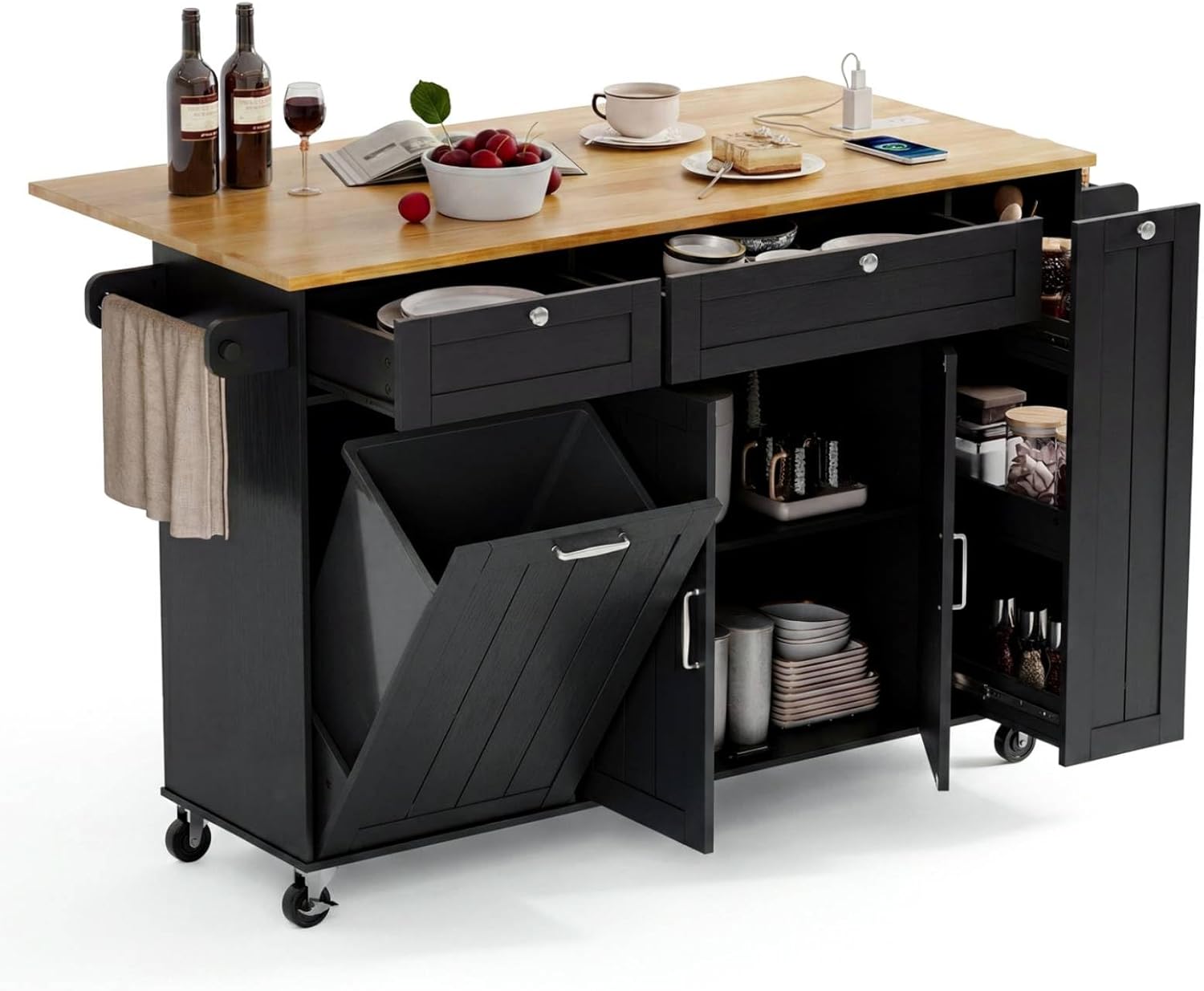 ONBRILL Kitchen Island with Storage, Island Table with Drop Leaf and Power Outlet, Kitchen Island on Wheels with Trash Cabinet, Spice Rack & Towel Rack, Black