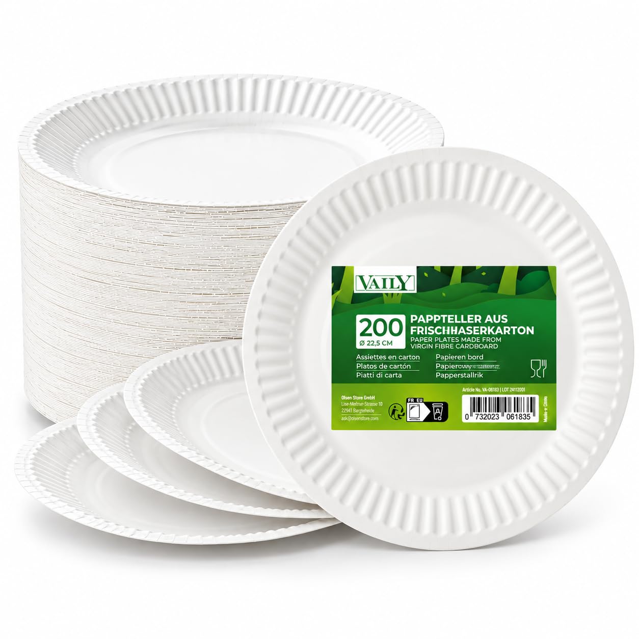 Vaily Pappteller rund 22,5 cm - Einwegteller und Partyteller, 200er Pack
