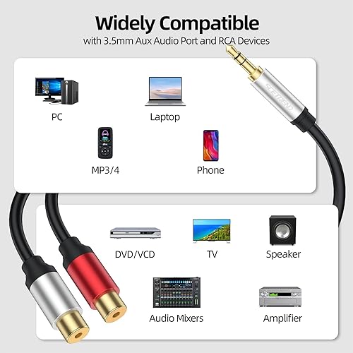 Miniatura 4 de RCA hembra a 0.138 in macho 1 pie 2 unidades, 0.138 in Aux a 2 RCA hembra Y, cable de audio estéreo chapado en oro, compatible con altavoz estéreo,