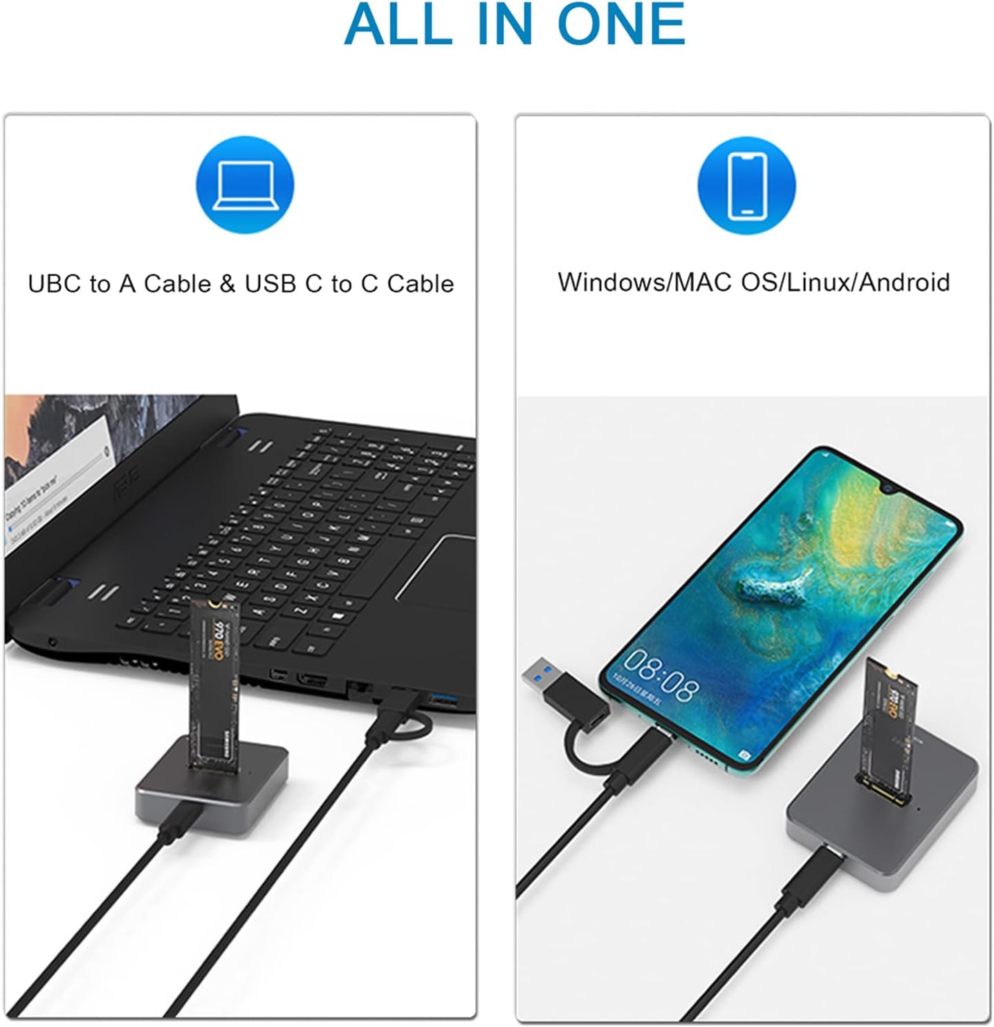 M.2 NVMe & SATA to USB C Docking Station, Aluminum Alloy M.2 SSD to USB A C Reader Adapter for 2280 2260 2242 2230 Enclosure, Fits Both M.2 (M Key, B+M Key) NVMe and SATA NGFF SSDs