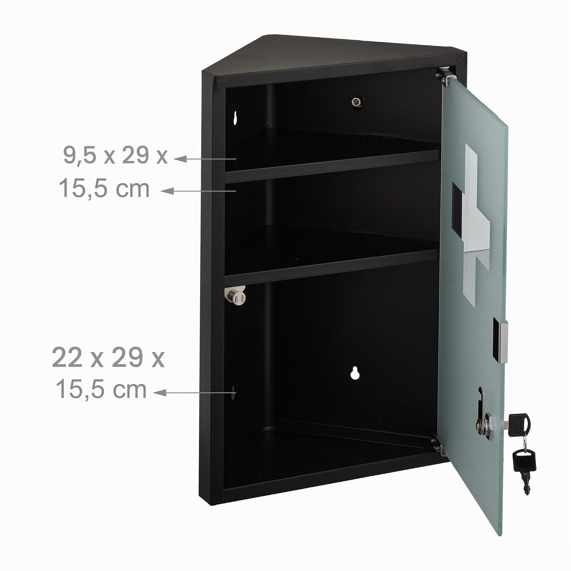 Relaxdays Armadietto Pronto Soccorso per Medicinali, Cassetta Medicine con Chiave, 3 Scomparti, HLP: 45x30x17,5 cm, Nero