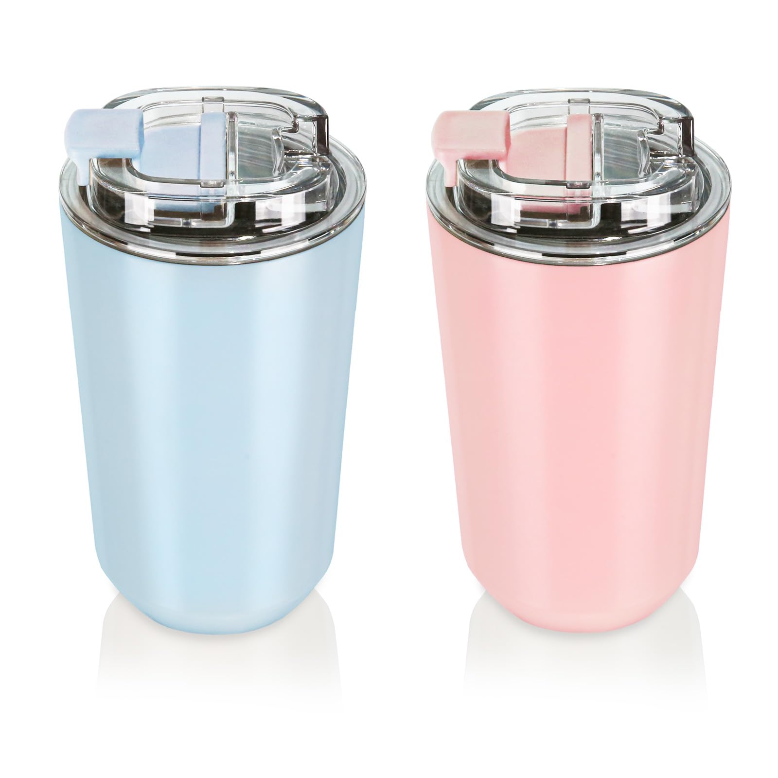 Puraville Isolierte Trinkgläser mit Deckel, 400 ml, Reise-Kaffeebecher, Edelstahl-Vakuumbecher, auslaufsicher, doppelwandiger Kaffeebecher für Eis- und Heißgetränke, Rosa und Hellblau, 2 Stück
