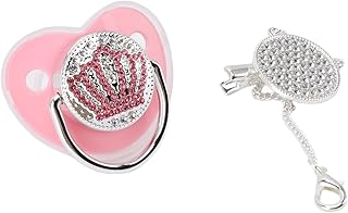 Pacifier and Pacifier Clip Set, Bling Pacifier for Baby, Diamond Crown Pacifier Baby Luxury Pacifier with Chain Clip Silicone Infant Nipple for Newborn, M Size Universal Pacifier(Pink)