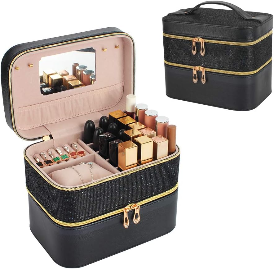 Train Case Makeup Organizer Cosmetic Train Case with Mirror Jewelry Box Jewelry Train Storage Case Large Makeup Train Case Set for Women Double Layer （Black Sparkle）