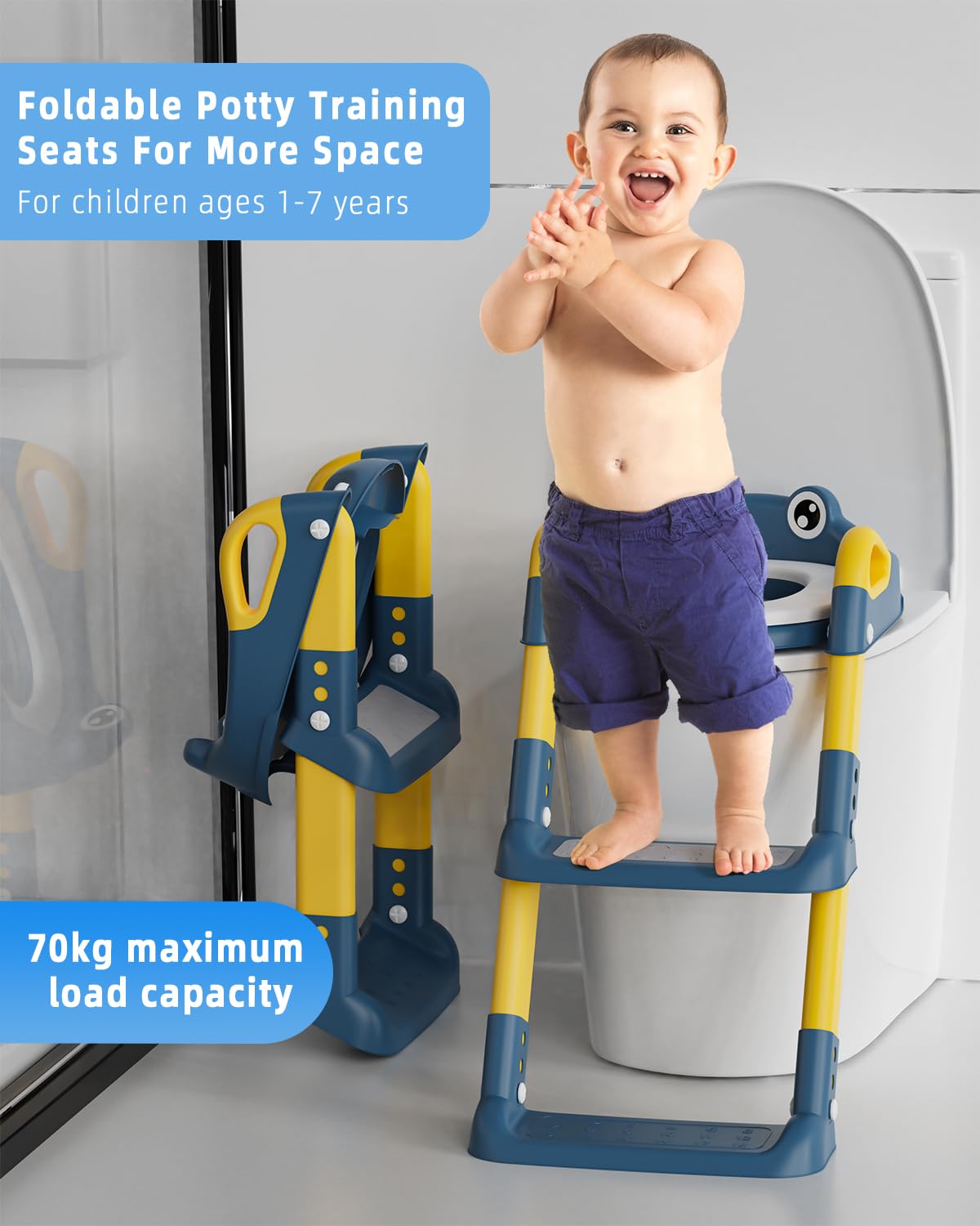 Toilettensitz Kinder mit Treppe, Toilettentrainer für Kinder, WC Sitz mit PU Gepolsterter, Höhenverstellbar und Faltbar, Rutschfest mit Spritzschutz Toilettenaufsatz Kinder(Blue)