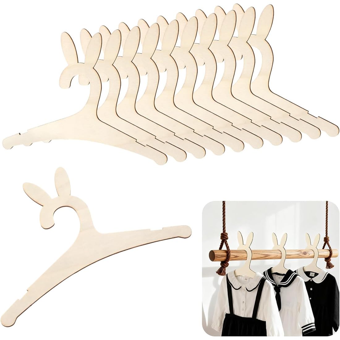 10 Pcs grucce bambini, grucce neonato, grucce appendiabiti in legno, per bambini, in legno, per bambini, sicuri, inodori, in legno, antiscivolo, per bambini e bambini（Orecchie di coniglio）