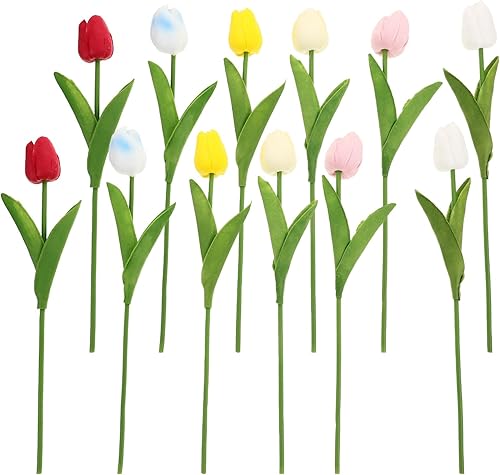 HOMSFOU Decoración ligera para el hogar, 12 piezas de tulipanes, flores artificiales de tacto real, flores falsas, arreglos florales falsos para
