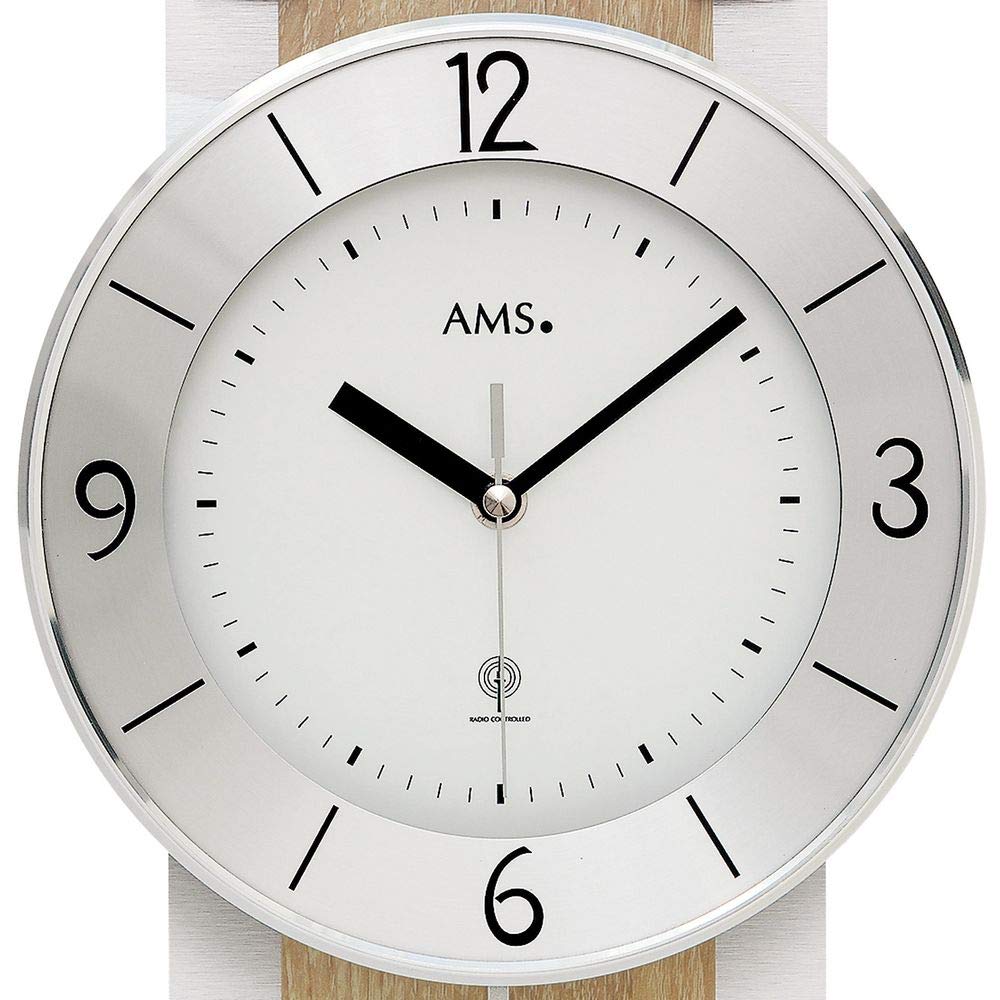 AMS 5291 Wanduhr Funk Funkwanduhr mit Pendel Pendeluhr Holz Sonoma Optik