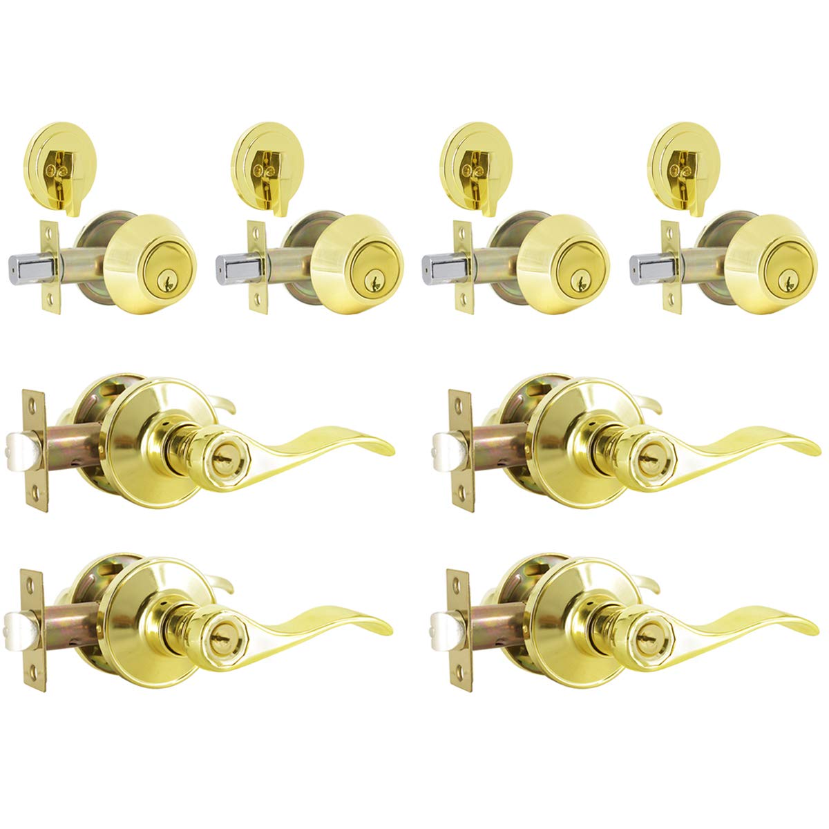 4 Pack Entry Door Lever Lockset and Single Cylinder Deadbolt Combination Set for Exterior Front Doors, Keyed Alike Entrance Lever Door Handle Reversible for Right and Left Side, Polished Brass