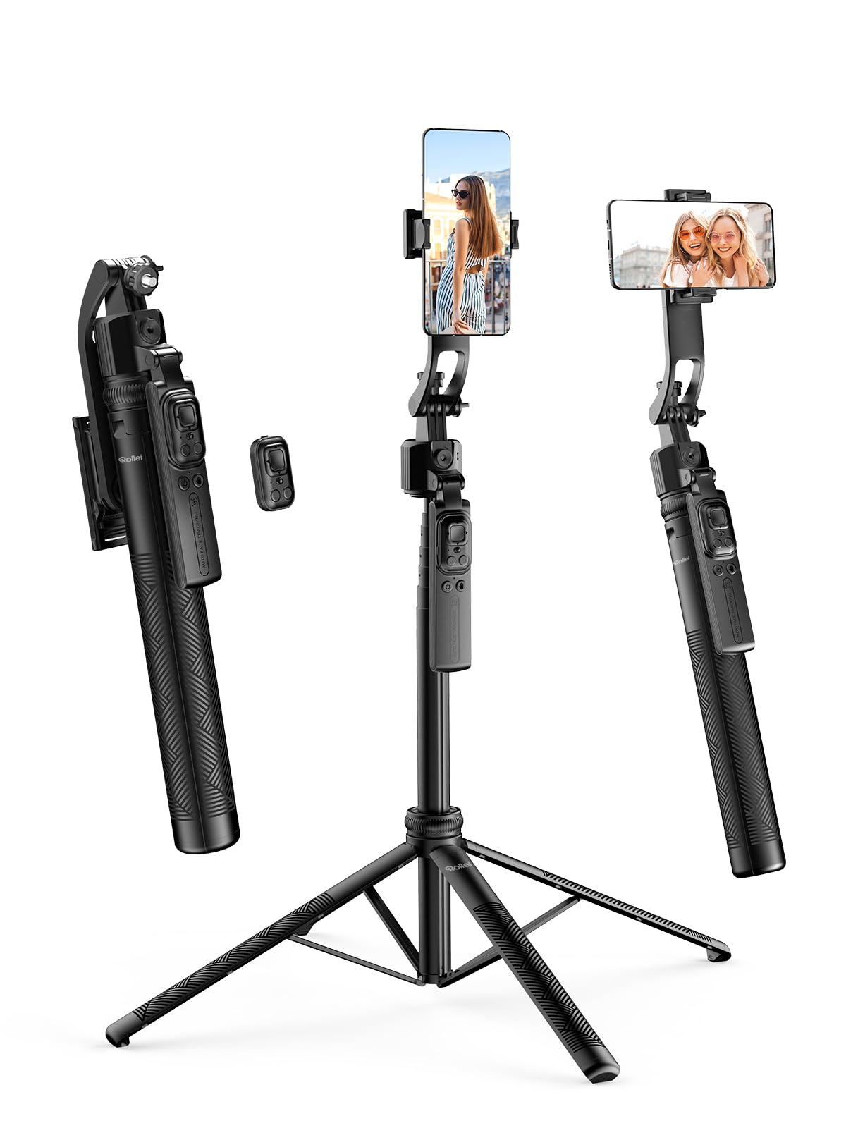 Rollei Easy Creator Quadpod Auto Face Tracking Selfie Stick Tripod 360 Rotation 38~163cm Adjustable Compatible for iPhone/Android Smartphone Stand for Filming Streaming YouTube Tiktok Video Vlog