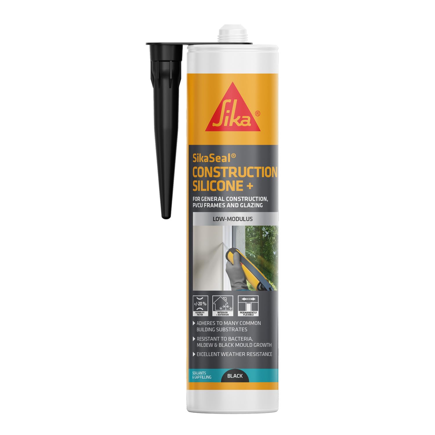 Sika Black Sikaseal Construction Silicone+ (Previously Everflex 335) - Low Modulus Sealant – Quick Curing – Anti-Mould – – 295Ml